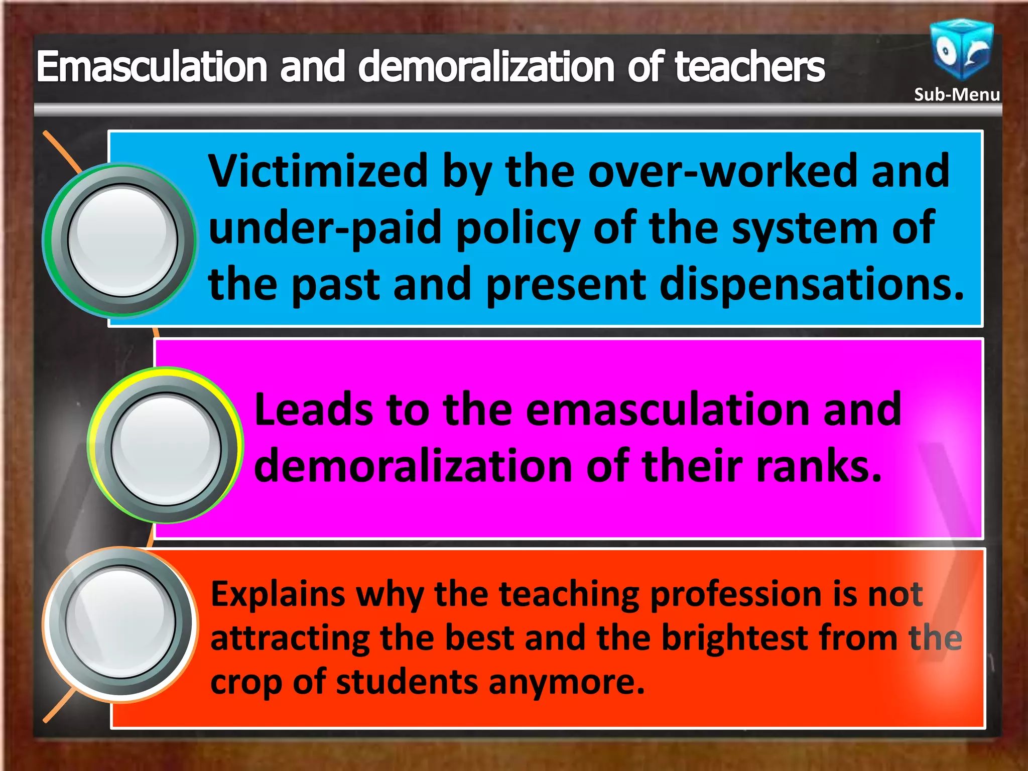 Victimized by the over-worked and
under-paid policy of the system of
the past and present dispensations.
Leads to the emasculation and
demoralization of their ranks.
Explains why the teaching profession is not
attracting the best and the brightest from the
crop of students anymore.
Sub-Menu
 