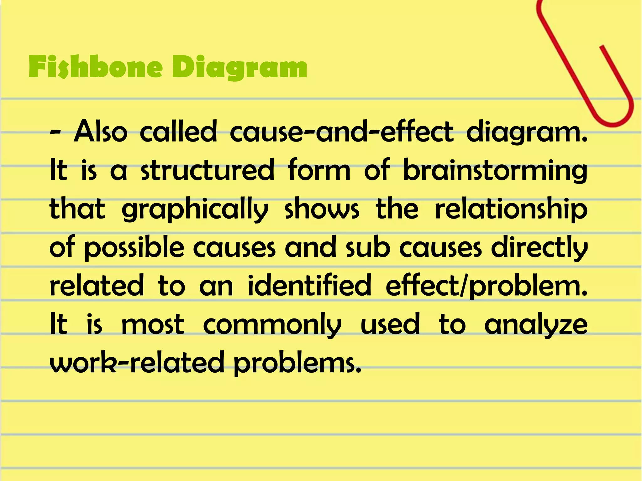 Fishbone Diagram
- Also called cause-and-effect diagram.
It is a structured form of brainstorming
that graphically shows the relationship
of possible causes and sub causes directly
related to an identified effect/problem.
It is most commonly used to analyze
work-related problems.

 