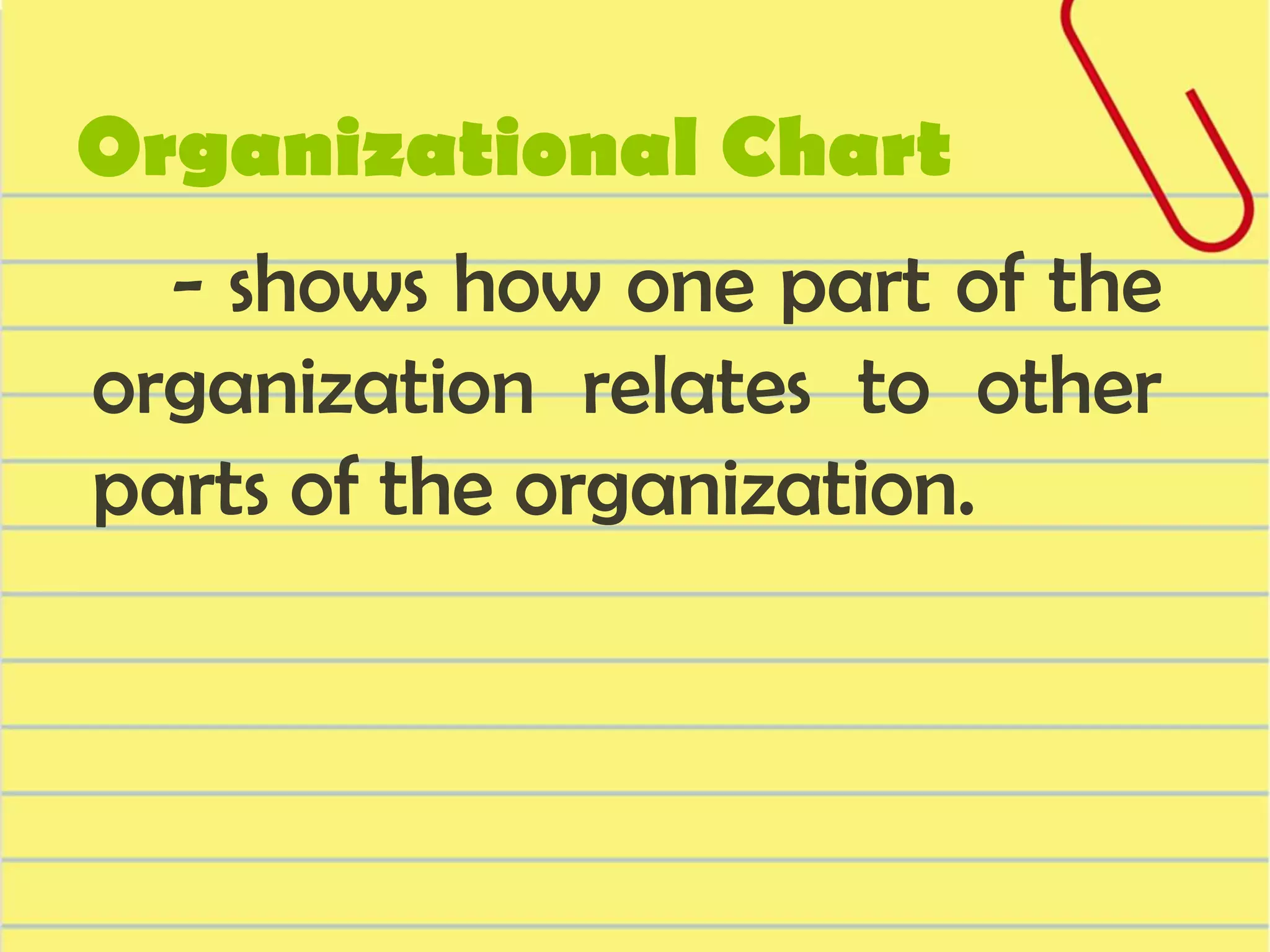 Organizational Chart
- shows how one part of the
organization relates to other
parts of the organization.

 