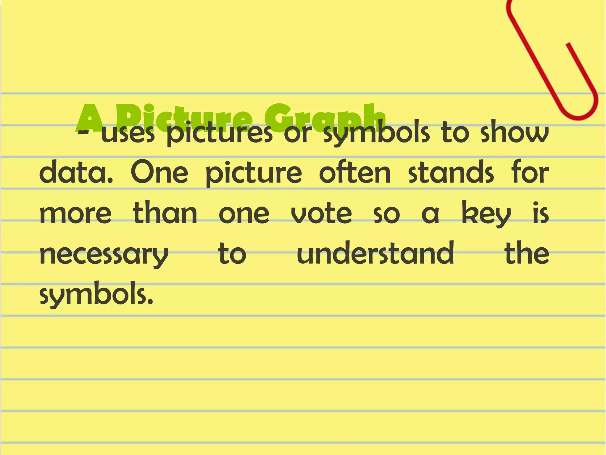 Auses pictures or symbols to show
- Picture Graph
data. One picture often stands for
more than one vote so a key is
necessary to understand the
symbols.

 