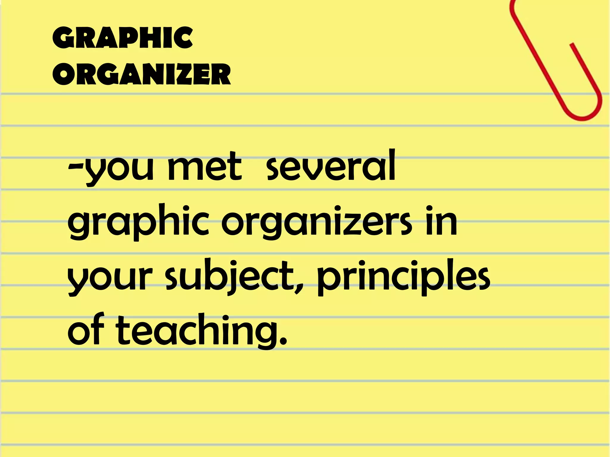 GRAPHIC
ORGANIZER

-you met several
graphic organizers in
your subject, principles
of teaching.

 