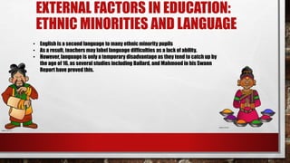 EXTERNAL FACTORS IN EDUCATION:
ETHNIC MINORITIES AND LANGUAGE
• English is a second language to many ethnic minority pupils
• As a result, teachers may label language difficulties as a lack of ability.
• However, language is only a temporary disadvantage as they tend to catch up by
the age of 16, as several studies including Ballard, and Mahmood in his Swann
Report have proved this.
 