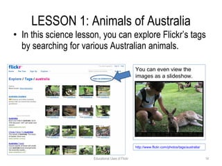 LESSON 1: Animals of Australia In this science lesson, you can explore Flickr’s tags by searching for various Australian animals. Educational Uses of Flickr You can even view the images as a slideshow. http:// www.flickr.com/photos/tags/australia /   