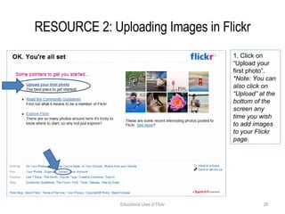 RESOURCE 2: Uploading Images in Flickr Educational Uses of Flickr 1. Click on “Upload your first photo”. *Note: You can also click on “Upload” at the bottom of the screen any time you wish to add images to your Flickr  page.   