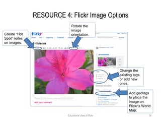 RESOURCE 4: Flickr Image Options Educational Uses of Flickr Create “Hot Spot” notes on images.  Rotate the image orientation. Change the existing tags or add new ones. Add geotags to place the image on Flickr’s World Map. 