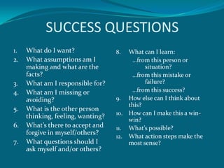 SUCCESS QUESTIONS
1.   What do I want?               8.  What can I learn:
2.   What assumptions am I              …from this person or
     making and what are the                 situation?
     facts?                             …from this mistake or
3.   What am I responsible for?              failure?
4.   What am I missing or               …from this success?
     avoiding?                     9. How else can I think about
                                       this?
5.   What is the other person
                                   10. How can I make this a win-
     thinking, feeling, wanting?
                                       win?
6.   What’s there to accept and    11. What’s possible?
     forgive in myself/others?
                                   12. What action steps make the
7.   What questions should I           most sense?
     ask myself and/or others?
 