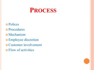 PROCESS
 Polices
 Procedures
 Mechanism
 Employee discretion
 Customer involvement
 Flow of activities
 