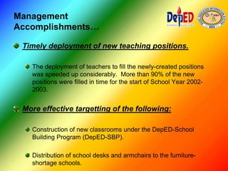 Management
Accomplishments…
Timely deployment of new teaching positions.
The deployment of teachers to fill the newly-created positions
was speeded up considerably. More than 90% of the new
positions were filled in time for the start of School Year 2002-
2003.
More effective targetting of the following:
Construction of new classrooms under the DepED-School
Building Program (DepED-SBP).
Distribution of school desks and armchairs to the furniture-
shortage schools.
 