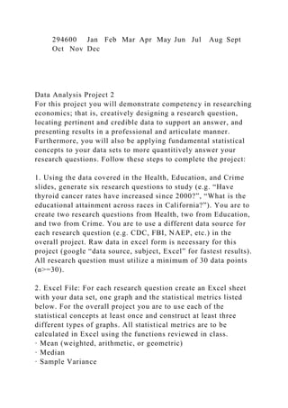 294600 Jan Feb Mar Apr May Jun Jul Aug Sept
Oct Nov Dec
Data Analysis Project 2
For this project you will demonstrate competency in researching
economics; that is, creatively designing a research question,
locating pertinent and credible data to support an answer, and
presenting results in a professional and articulate manner.
Furthermore, you will also be applying fundamental statistical
concepts to your data sets to more quantitively answer your
research questions. Follow these steps to complete the project:
1. Using the data covered in the Health, Education, and Crime
slides, generate six research questions to study (e.g. “Have
thyroid cancer rates have increased since 2000?”, “What is the
educational attainment across races in California?”). You are to
create two research questions from Health, two from Education,
and two from Crime. You are to use a different data source for
each research question (e.g. CDC, FBI, NAEP, etc.) in the
overall project. Raw data in excel form is necessary for this
project (google “data source, subject, Excel” for fastest results).
All research question must utilize a minimum of 30 data points
(n>=30).
2. Excel File: For each research question create an Excel sheet
with your data set, one graph and the statistical metrics listed
below. For the overall project you are to use each of the
statistical concepts at least once and construct at least three
different types of graphs. All statistical metrics are to be
calculated in Excel using the functions reviewed in class.
· Mean (weighted, arithmetic, or geometric)
· Median
· Sample Variance
 