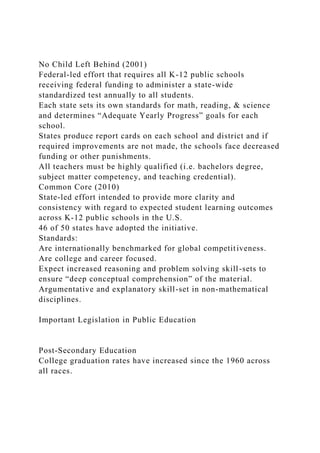 No Child Left Behind (2001)
Federal-led effort that requires all K-12 public schools
receiving federal funding to administer a state-wide
standardized test annually to all students.
Each state sets its own standards for math, reading, & science
and determines “Adequate Yearly Progress” goals for each
school.
States produce report cards on each school and district and if
required improvements are not made, the schools face decreased
funding or other punishments.
All teachers must be highly qualified (i.e. bachelors degree,
subject matter competency, and teaching credential).
Common Core (2010)
State-led effort intended to provide more clarity and
consistency with regard to expected student learning outcomes
across K-12 public schools in the U.S.
46 of 50 states have adopted the initiative.
Standards:
Are internationally benchmarked for global competitiveness.
Are college and career focused.
Expect increased reasoning and problem solving skill-sets to
ensure “deep conceptual comprehension” of the material.
Argumentative and explanatory skill-set in non-mathematical
disciplines.
Important Legislation in Public Education
Post-Secondary Education
College graduation rates have increased since the 1960 across
all races.
 