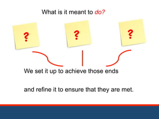 What is it meant to do? 
? ? ? 
We set it up to achieve those ends 
and refine it to ensure that they are met. 
 