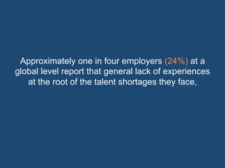 Approximately one in four employers (24%) at a 
global level report that general lack of experiences 
at the root of the talent shortages they face, 
 