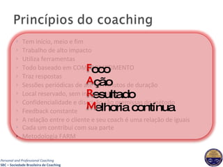 Tem início, meio e fim Trabalho de alto impacto Utiliza ferramentas Todo baseado em COMPROMETIMENTO Traz respostas Sessões periódicas de até 60 minutos de duração Local reservado, sem interrupções Confidencialidade e discrição são premissas do método Feedback constante A relação entre o cliente e seu coach é uma relação de iguais Cada um contribui com sua parte Metodologia FARM elhoria contínua oco ção esultado 