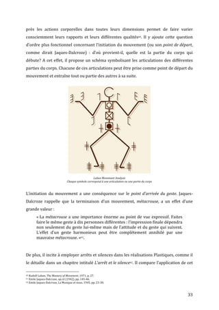   33	
  
près	
   les	
   actions	
   corporelles	
   dans	
   toutes	
   leurs	
   dimensions	
   permet	
   de	
   faire	
   varier	
  
consciemment	
   leurs	
   rapports	
   et	
   leurs	
   différentes	
   qualités60.	
   Il	
   y	
   ajoute	
   cette	
   question	
  
d’ordre	
  plus	
  fonctionnel	
  concernant	
  l’initiation	
  du	
  mouvement	
  (ou	
  son	
  point	
  de	
  départ,	
  
comme	
   dirait	
   Jaques-­‐Dalcroze)	
   :	
   d’où	
   provient-­‐il,	
   quelle	
   est	
   la	
   partie	
   du	
   corps	
   qui	
  
débute?	
  A	
  cet	
  effet,	
  il	
  propose	
  un	
  schéma	
  symbolisant	
  les	
  articulations	
  des	
  différentes	
  
parties	
  du	
  corps.	
  Chacune	
  de	
  ces	
  articulations	
  peut	
  être	
  prise	
  comme	
  point	
  de	
  départ	
  du	
  
mouvement	
  et	
  entraîne	
  tout	
  ou	
  partie	
  des	
  autres	
  à	
  sa	
  suite.	
  
	
  
	
  
Laban	
  Movement	
  Analysis	
  	
  
Chaque	
  symbole	
  correspond	
  à	
  une	
  articulation	
  ou	
  une	
  partie	
  du	
  corps	
  
	
  
L’initiation	
   du	
   mouvement	
   a	
   une	
   conséquence	
   sur	
   le	
   point	
  d’arrivée	
  du	
  geste.	
   Jaques-­‐
Dalcroze	
   rappelle	
   que	
   la	
   terminaison	
   d’un	
   mouvement,	
   métacrouse,	
   a	
   un	
   effet	
   d’une	
  
grande	
  valeur	
  :	
  
«	
  La	
  métacrouse	
  a	
  une	
  importance	
  énorme	
  au	
  point	
  de	
  vue	
  expressif.	
  Faites	
  
faire	
  le	
  même	
  geste	
  à	
  dix	
  personnes	
  différentes	
  :	
  l’impression	
  finale	
  dépendra	
  
non	
  seulement	
  du	
  geste	
  lui-­‐même	
  mais	
  de	
  l’attitude	
  et	
  du	
  geste	
  qui	
  suivent.	
  
L’effet	
   d’un	
   geste	
   harmonieux	
   peut	
   être	
   complètement	
   annihilé	
   par	
   une	
  
mauvaise	
  métacrouse.	
  »61.	
  
	
  
De	
  plus,	
  il	
  incite	
  à	
  employer	
  arrêts	
  et	
  silences	
  dans	
  les	
  réalisations	
  Plastiques,	
  comme	
  il	
  
le	
  détaille	
  dans	
  un	
  chapitre	
  intitulé	
  L’arrêt	
  et	
  le	
  silence62.	
  Il	
  compare	
  l’application	
  de	
  cet	
  
	
  	
  	
  	
  	
  	
  	
  	
  	
  	
  	
  	
  	
  	
  	
  	
  	
  	
  	
  	
  	
  	
  	
  	
  	
  	
  	
  	
  	
  	
  	
  	
  	
  	
  	
  	
  	
  	
  	
  	
  	
  	
  	
  	
  	
  	
  	
  	
  	
  	
  	
  	
  	
  	
  	
  	
  
60	
  Rudolf	
  Laban,	
  The	
  Mastery	
  of	
  Movement,	
  1971,	
  p.	
  27.	
  
61	
  Emile	
  Jaques-­‐Dalcroze,	
  op.cit	
  (1942),	
  pp.	
  145-­‐46.	
  
62	
  Emile	
  Jaques-­‐Dalcroze,	
  La	
  Musique	
  et	
  nous,	
  1945,	
  pp.	
  23-­‐30.	
  
 