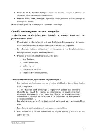   52	
  
• Carine	
   De	
   Vinck,	
   Bruxelles,	
   Belgique	
  :	
   Diplôme	
   de	
   Bruxelles,	
   enseigne	
   la	
   rythmique	
   et	
  
l’expression	
  corporelle	
  aux	
  enfants	
  et	
  aux	
  étudiants.	
  
• Dorothea	
   Weise,	
   Berlin,	
   Allemagne	
  :	
   Diplôme	
   de	
   Cologne,	
   formation	
   en	
   danse,	
   enseigne	
   la	
  
rythmique	
  aux	
  étudiants.	
  
D’une	
  manière	
  générale,	
  voici	
  ce	
  que	
  je	
  ressors	
  de	
  ce	
  sondage…	
  
	
  
Compilation	
  des	
  réponses	
  aux	
  questions	
  posées	
  
1.	
   Quelles	
   sont	
   les	
   disciplines	
   pour	
   lesquelles	
   le	
   langage	
   Laban	
   vous	
   est	
  
particulièrement	
  utile	
  ?	
  
• L’application	
   la	
   plus	
   fréquente	
   est	
   lors	
   des	
   leçons	
   de	
   mouvement	
  :	
   technique	
  
corporelle,	
  conscience	
  corporelle,	
  mais	
  surtout	
  expression	
  corporelle.	
  	
  
• En	
  rythmique,	
  certaines	
  utilisent	
  ce	
  vocabulaire,	
  surtout	
  lors	
  des	
  réalisations	
  en	
  
Plastique	
  animée	
  ou	
  pour	
  les	
  chorégraphies.	
  	
  
• D’autres	
  applications	
  ont	
  été	
  ajoutées,	
  telles	
  que	
  :	
  	
  
o arts	
  du	
  cirque,	
  	
  
o leçons	
  de	
  musique,	
  	
  
o atelier	
  choral,	
  	
  
o composition	
  musicale,	
  	
  
o improvisation	
  en	
  mouvement.	
  
	
  
2.	
  Pour	
  quel	
  type	
  d’élèves	
  jugez-­‐vous	
  ce	
  langage	
  adapté	
  ?	
  
• Les	
  étudiants	
  professionnels	
  sont	
  les	
  premiers	
  bénéficiaires	
  de	
  ces	
  liens.	
  Sandra	
  
Nash	
  explique	
  que	
  …	
  
«	
  …	
   les	
   étudiants	
   sont	
   encouragés	
   à	
   explorer	
   et	
   penser	
   aux	
   différents	
  
éléments	
   qui	
   créent	
   les	
   qualités	
   de	
   mouvement.	
   Ils	
   développent	
   leur	
  
conscience	
   intellectuelle	
   et	
   physique	
   des	
   éléments	
   du	
   mouvement,	
   leur	
  
compétence	
   à	
   analyser	
   ce	
   qu’ils	
   font	
   et	
   ils	
   observent	
   les	
   mouvements	
  
d’autres	
  personnes.	
  »3.	
  	
  
• Les	
   adultes	
   amateurs	
   profitent	
   également	
   de	
   cet	
   apport,	
   car	
   il	
   est	
   accessible	
   à	
  
tous.	
  	
  
• Les	
  enfants	
  et	
  adolescents	
  y	
  sont	
  plus	
  rarement	
  sensibilisés.	
  	
  
• Dans	
   les	
   classes	
   d’enfants,	
   le	
   domaine	
   de	
   l’espace	
   semble	
   prioritaire	
   sur	
   les	
  
autres	
  aspects.	
  
	
  	
  	
  	
  	
  	
  	
  	
  	
  	
  	
  	
  	
  	
  	
  	
  	
  	
  	
  	
  	
  	
  	
  	
  	
  	
  	
  	
  	
  	
  	
  	
  	
  	
  	
  	
  	
  	
  	
  	
  	
  	
  	
  	
  	
  	
  	
  	
  	
  	
  	
  	
  	
  	
  	
  	
  
3	
  Sandra	
  Nash,	
  mai	
  2013.	
  
 