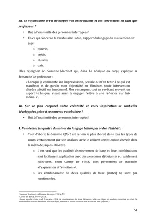   53	
  
3a.	
  Ce	
  vocabulaire	
  a-­‐t-­‐il	
  développé	
  vos	
  observations	
  et	
  vos	
  corrections	
  en	
  tant	
  que	
  
professeur	
  ?	
  
• Oui,	
  à	
  l’unanimité	
  des	
  personnes	
  interrogées	
  !	
  	
  
• En	
  ce	
  qui	
  concerne	
  le	
  vocabulaire	
  Laban,	
  l’apport	
  du	
  langage	
  du	
  mouvement	
  est	
  
jugé	
  :	
  
o concret,	
  	
  
o précis,	
  	
  
o objectif,	
  
o clair.	
  
Elles	
   rejoignent	
   ici	
   Susanne	
   Martinet	
   qui,	
   dans	
   La	
   Musique	
   du	
   corps,	
   explique	
   sa	
  
démarche	
  de	
  professeur	
  :	
  
«	
  Lorsque	
  je	
  commente	
  une	
  improvisation,	
  j’essaie	
  de	
  m’en	
  tenir	
  à	
  ce	
  qui	
  est	
  
manifeste	
   et	
   de	
   garder	
   mon	
   objectivité	
   en	
   éliminant	
   toute	
   intervention	
  
d’ordre	
  affectif	
  ou	
  émotionnel.	
  Mes	
  remarques,	
  tout	
  en	
  revêtant	
  souvent	
  un	
  
aspect	
   technique,	
   visent	
   aussi	
   à	
   engager	
   l’élève	
   à	
   une	
   réflexion	
   sur	
   lui-­‐
même.	
  »4.	
  
	
  
3b.	
   Sur	
   le	
   plan	
   corporel,	
   votre	
   créativité	
   et	
   votre	
   inspiration	
   se	
   sont-­‐elles	
  
développées	
  grâce	
  à	
  ce	
  nouveau	
  vocabulaire	
  ?	
  
• Oui,	
  à	
  l’unanimité	
  des	
  personnes	
  interrogées	
  !	
  
	
  
4.	
  Numérotez	
  les	
  quatre	
  domaines	
  du	
  langage	
  Laban	
  par	
  ordre	
  d’intérêt	
  :	
  
• Tout	
  d’abord,	
  le	
  domaine	
  Effort	
  est	
  de	
  loin	
  le	
  plus	
  abordé	
  dans	
  tous	
  les	
  types	
  de	
  
cours,	
  certainement	
  par	
  son	
  analogie	
  avec	
  le	
  concept	
  temps-­‐espace-­‐énergie	
  dans	
  
la	
  méthode	
  Jaques-­‐Dalcroze.	
  	
  
o Il	
   est	
   vrai	
   que	
   les	
   qualités	
  de	
  mouvement	
   de	
   base	
   et	
   leurs	
   combinaisons	
  
sont	
  facilement	
  applicables	
  avec	
  des	
  personnes	
  débutantes	
  et	
  rapidement	
  
maîtrisées.	
   Selon	
   Carine	
   De	
   Vinck,	
   elles	
   permettent	
   de	
   travailler	
  
«	
  l’expression	
  et	
  l’émotion	
  »5.	
  	
  
o Les	
   combinaisons 6 	
  de	
   deux	
   qualités	
   de	
   base	
   (states)	
   ne	
   sont	
   pas	
  
mentionnées.	
  
	
  	
  	
  	
  	
  	
  	
  	
  	
  	
  	
  	
  	
  	
  	
  	
  	
  	
  	
  	
  	
  	
  	
  	
  	
  	
  	
  	
  	
  	
  	
  	
  	
  	
  	
  	
  	
  	
  	
  	
  	
  	
  	
  	
  	
  	
  	
  	
  	
  	
  	
  	
  	
  	
  	
  	
  
4	
  Susanne	
  Martinet,	
  La	
  Musique	
  du	
  corps,	
  1990	
  p.	
  57.	
  	
  
5	
  Carine	
  De	
  Vinck,	
  février	
  2013.	
  
6	
  States	
   signifie	
   états,	
   trad.	
   française	
  :	
   H.N.	
   La	
   combinaison	
   de	
   deux	
   éléments,	
   telle	
   que	
   léger	
   et	
   soudain,	
   constitue	
   un	
   état.	
   La	
  
combinaison	
  de	
  trois	
  éléments,	
  telle	
  que	
  léger,	
  soudain	
  et	
  direct	
  constitue	
  une	
  action	
  de	
  base	
  (tapoter).	
  
 