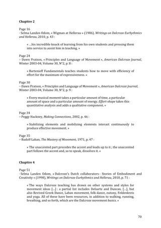   70	
  
Chapitre	
  2	
  
	
  
Page	
  16	
  
2	
  Selma	
  Landen	
  Odom,	
  «	
  Wigman	
  at	
  Hellerau	
  »	
  (1986),	
  Writings	
  on	
  Dalcroze	
  Eurhythmics	
  
and	
  Hellerau,	
  2010,	
  p.	
  43	
  :	
  	
  
	
  
«	
  …his	
  incredible	
  knack	
  of	
  learning	
  from	
  his	
  own	
  students	
  and	
  pressing	
  them	
  
into	
  service	
  to	
  assist	
  him	
  in	
  teaching.	
  »	
  
	
  
Page	
  24	
  
32	
  Dawn	
  Pratson,	
  «	
  Principles	
  and	
  Language	
  of	
  Movement	
  »,	
  American	
  Dalcroze	
  Journal,	
  
Winter	
  2003-­‐04,	
  Volume	
  30,	
  N°2,	
  p.	
  8	
  :	
  	
  
	
  
«	
  Bartenieff	
  Fundamentals	
  teaches	
  students	
  how	
  to	
  move	
  with	
  efficiency	
  of	
  
effort	
  for	
  the	
  maximum	
  of	
  expressiveness.	
  »	
  
	
  
Page	
  30	
  
51	
  Dawn	
  Pratson,	
  «	
  Principles	
  and	
  Language	
  of	
  Movement	
  »,	
  American	
  Dalcroze	
  Journal,	
  
Winter	
  2003-­‐04,	
  Volume	
  30,	
  N°2,	
  p.	
  9	
  :	
  	
  
	
  
«	
  Every	
  musical	
  moment	
  takes	
  a	
  particular	
  amount	
  of	
  time,	
  a	
  particular	
  
amount	
  of	
  space	
  and	
  a	
  particular	
  amount	
  of	
  energy.	
  Effort-­‐shape	
  takes	
  this	
  
quantitative	
  analysis	
  and	
  adds	
  a	
  qualitative	
  component.	
  »	
  
	
  
Page	
  34	
  
65	
  Peggy	
  Hackney,	
  Making	
  Connections,	
  2002,	
  p.	
  46	
  :	
  	
  
	
  
«	
  Stabilizing	
   elements	
   and	
   mobilizing	
   elements	
   interact	
   continuously	
   to	
  
produce	
  effective	
  movement.	
  »	
  
	
  
Page	
  35	
  
69	
  Rudolf	
  Laban,	
  The	
  Mastery	
  of	
  Movement,	
  1971,	
  p.	
  47	
  :	
  	
  
	
  
«	
  The	
  unaccented	
  part	
  precedes	
  the	
  accent	
  and	
  leads	
  up	
  to	
  it	
  ;	
  the	
  unaccented	
  
part	
  follows	
  the	
  accent	
  and,	
  so	
  to	
  speak,	
  dissolves	
  it.	
  »	
  
	
  
	
  
Chapitre	
  4	
  
	
  
Page	
  51	
  
1	
  Selma	
   Landen	
   Odom,	
   «	
  Dalcroze’s	
   Dutch	
   collaborators	
  :	
   Stories	
   of	
   Embodiment	
   and	
  
Creativity	
  »	
  (1998),	
  Writings	
  on	
  Dalcroze	
  Eurhythmics	
  and	
  Hellerau,	
  2010,	
  p.	
  71	
  :	
  
	
  
«	
  The	
   ways	
   Dalcroze	
   teaching	
   has	
   drawn	
   on	
   other	
   systems	
   and	
   styles	
   for	
  
movement	
   ideas	
   […]	
  :	
   a	
   partial	
   list	
   includes	
   Delsarte	
   and	
   Duncan,	
   […],	
   but	
  
also	
  Revived	
  Greek	
  Dance,	
  Laban	
  movement,	
  folk	
  dance,	
  eutony,	
  Feldenkreis	
  
and	
  yoga.	
  All	
  of	
  these	
  have	
  been	
  resources,	
  in	
  addition	
  to	
  walking,	
  running,	
  
breathing,	
  and	
  so	
  forth,	
  which	
  are	
  the	
  Dalcroze	
  movement	
  basics.	
  »	
  
	
  
	
  
 
