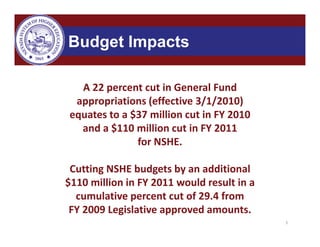 Budget Impacts

  A 22 percent cut in General Fund 
 appropriations (effective 3/1/2010) 
equates to a $37 million cut in FY 2010 
  and a $110 million cut in FY 2011 
              for NSHE.  
              f NSHE

 Cutting NSHE budgets by an additional 
 Cutting NSHE budgets by an additional
$110 million in FY 2011 would result in a 
  cumulative percent cut of 29.4 from 
              p
 FY 2009 Legislative approved amounts.
                                             1
 