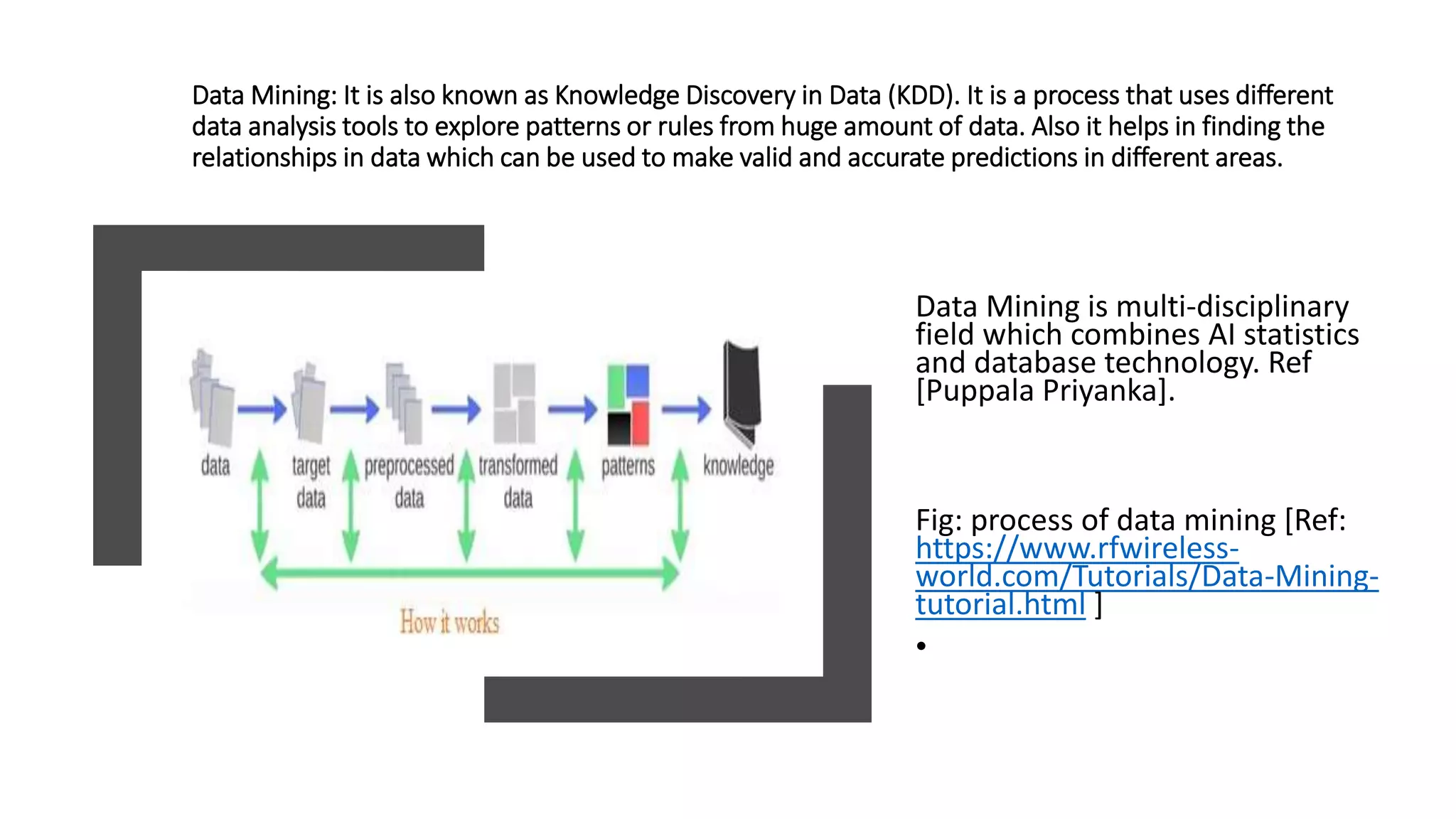 Data Mining: It is also known as Knowledge Discovery in Data (KDD). It is a process that uses different
data analysis tools to explore patterns or rules from huge amount of data. Also it helps in finding the
relationships in data which can be used to make valid and accurate predictions in different areas.
Data Mining is multi-disciplinary
field which combines AI statistics
and database technology. Ref
[Puppala Priyanka].
Fig: process of data mining [Ref:
https://www.rfwireless-
world.com/Tutorials/Data-Mining-
tutorial.html ]
•
 