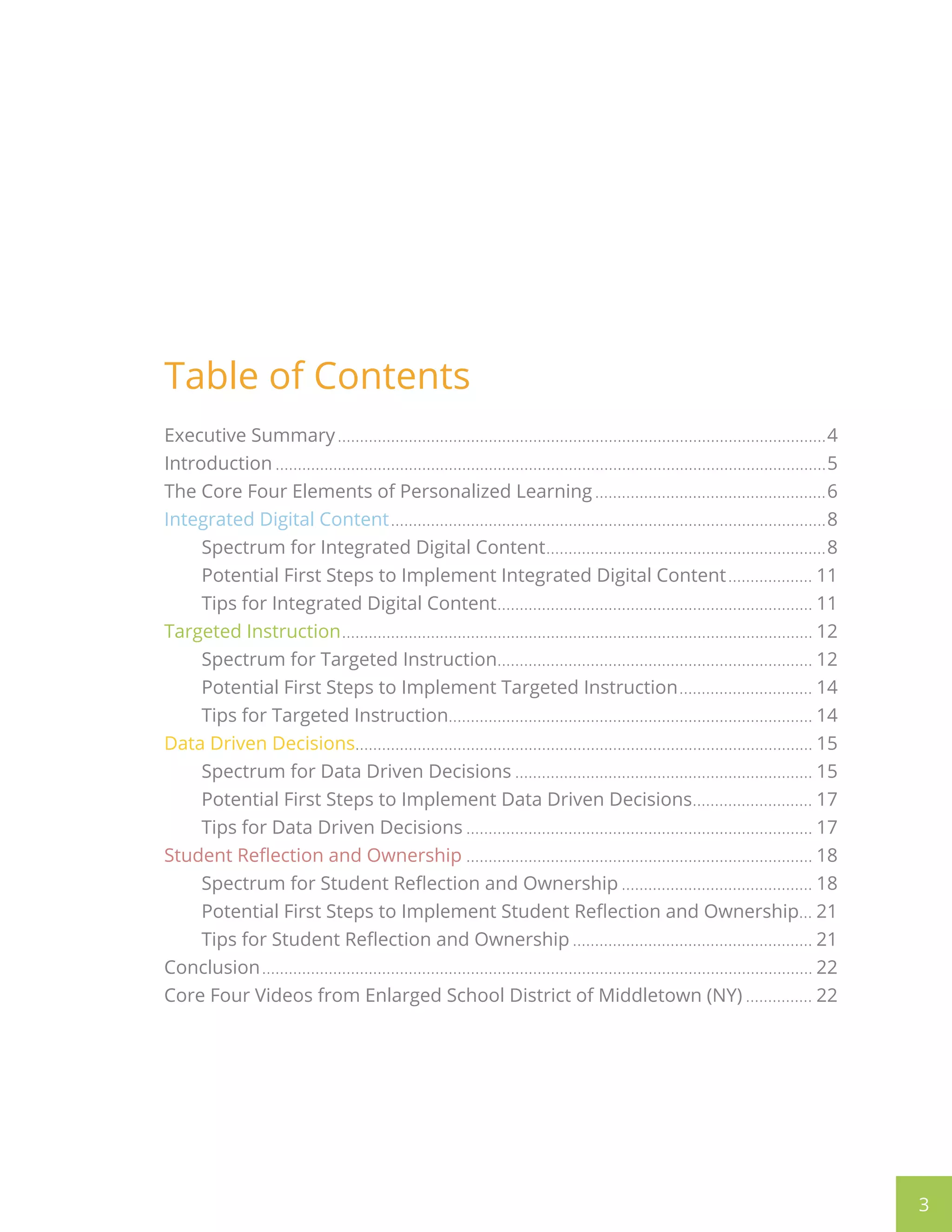 Table of Contents
Executive Summary...............................................................................................................4
Introduction.............................................................................................................................5
The Core Four Elements of Personalized Learning.....................................................6
Integrated Digital Content...................................................................................................8
Spectrum for Integrated Digital Content................................................................8
Potential First Steps to Implement Integrated Digital Content.................... 11
Tips for Integrated Digital Content........................................................................ 11
Targeted Instruction........................................................................................................... 12
Spectrum for Targeted Instruction........................................................................ 12
Potential First Steps to Implement Targeted Instruction............................... 14
Tips for Targeted Instruction.................................................................................. 14
Data Driven Decisions........................................................................................................ 15
Spectrum for Data Driven Decisions.................................................................... 15
Potential First Steps to Implement Data Driven Decisions............................ 17
Tips for Data Driven Decisions............................................................................... 17
Student Reflection and Ownership............................................................................... 18
Spectrum for Student Reflection and Ownership............................................ 18
Potential First Steps to Implement Student Reflection and Ownership... 21
Tips for Student Reflection and Ownership....................................................... 21
Conclusion............................................................................................................................. 22
Core Four Videos from Enlarged School District of Middletown (NY)................ 22
3
 