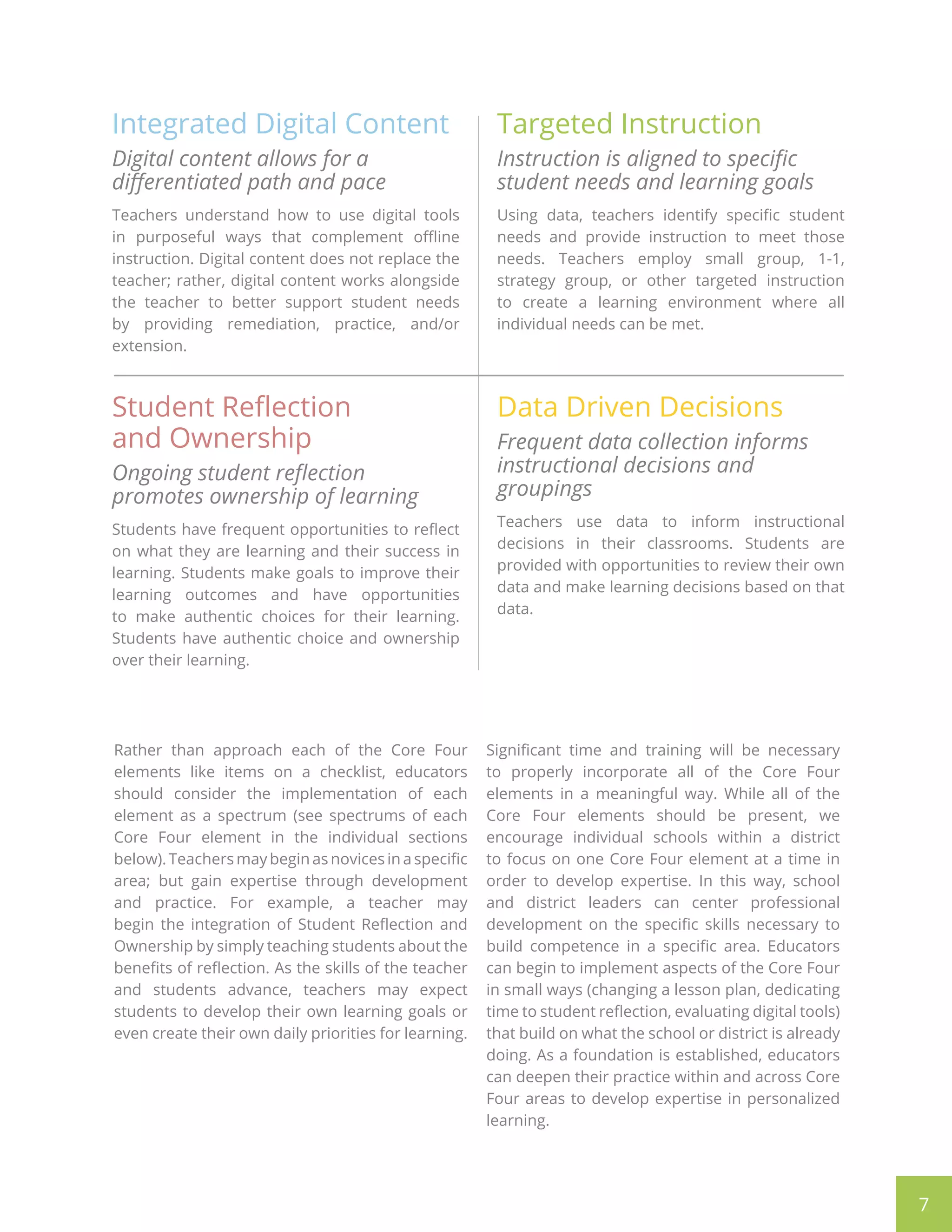 7
Integrated Digital Content
Digital content allows for a
differentiated path and pace
Teachers understand how to use digital tools
in purposeful ways that complement offline
instruction. Digital content does not replace the
teacher; rather, digital content works alongside
the teacher to better support student needs
by providing remediation, practice, and/or
extension.
Student Reflection
and Ownership
Ongoing student reflection
promotes ownership of learning
Students have frequent opportunities to reflect
on what they are learning and their success in
learning. Students make goals to improve their
learning outcomes and have opportunities
to make authentic choices for their learning.
Students have authentic choice and ownership
over their learning.
Targeted Instruction
Instruction is aligned to specific
student needs and learning goals
Using data, teachers identify specific student
needs and provide instruction to meet those
needs. Teachers employ small group, 1-1,
strategy group, or other targeted instruction
to create a learning environment where all
individual needs can be met.
Data Driven Decisions
Frequent data collection informs
instructional decisions and
groupings
Teachers use data to inform instructional
decisions in their classrooms. Students are
provided with opportunities to review their own
data and make learning decisions based on that
data.
Rather than approach each of the Core Four
elements like items on a checklist, educators
should consider the implementation of each
element as a spectrum (see spectrums of each
Core Four element in the individual sections
below).Teachersmaybeginasnovicesinaspecific
area; but gain expertise through development
and practice. For example, a teacher may
begin the integration of Student Reflection and
Ownership by simply teaching students about the
benefits of reflection. As the skills of the teacher
and students advance, teachers may expect
students to develop their own learning goals or
even create their own daily priorities for learning.
Significant time and training will be necessary
to properly incorporate all of the Core Four
elements in a meaningful way. While all of the
Core Four elements should be present, we
encourage individual schools within a district
to focus on one Core Four element at a time in
order to develop expertise. In this way, school
and district leaders can center professional
development on the specific skills necessary to
build competence in a specific area. Educators
can begin to implement aspects of the Core Four
in small ways (changing a lesson plan, dedicating
time to student reflection, evaluating digital tools)
that build on what the school or district is already
doing. As a foundation is established, educators
can deepen their practice within and across Core
Four areas to develop expertise in personalized
learning.
 
