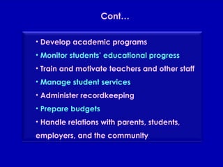 Cont… Develop academic programs Monitor students’ educational progress Train and motivate teachers and other staff Manage student services Administer recordkeeping Prepare budgets Handle relations with parents, students, employers, and the community 