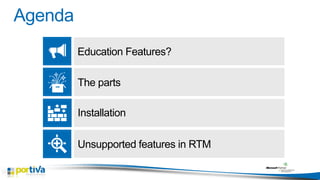 Education Features?
The parts

Installation
Unsupported features in RTM

 