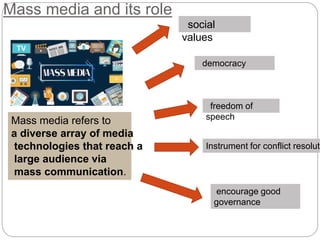 Mass media and its role
Instrument for conflict resoluti
social
values
democracy
freedom of
speech
encourage good
governance
Mass media refers to
a diverse array of media
technologies that reach a
large audience via
mass communication.
 