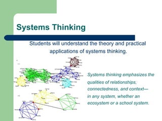 Systems Thinking Students will understand the theory and practical  applications of systems thinking.    Systems thinking emphasizes the   qualities of relationships,   connectedness, and context—   in any system, whether an    ecosystem or a school system. 