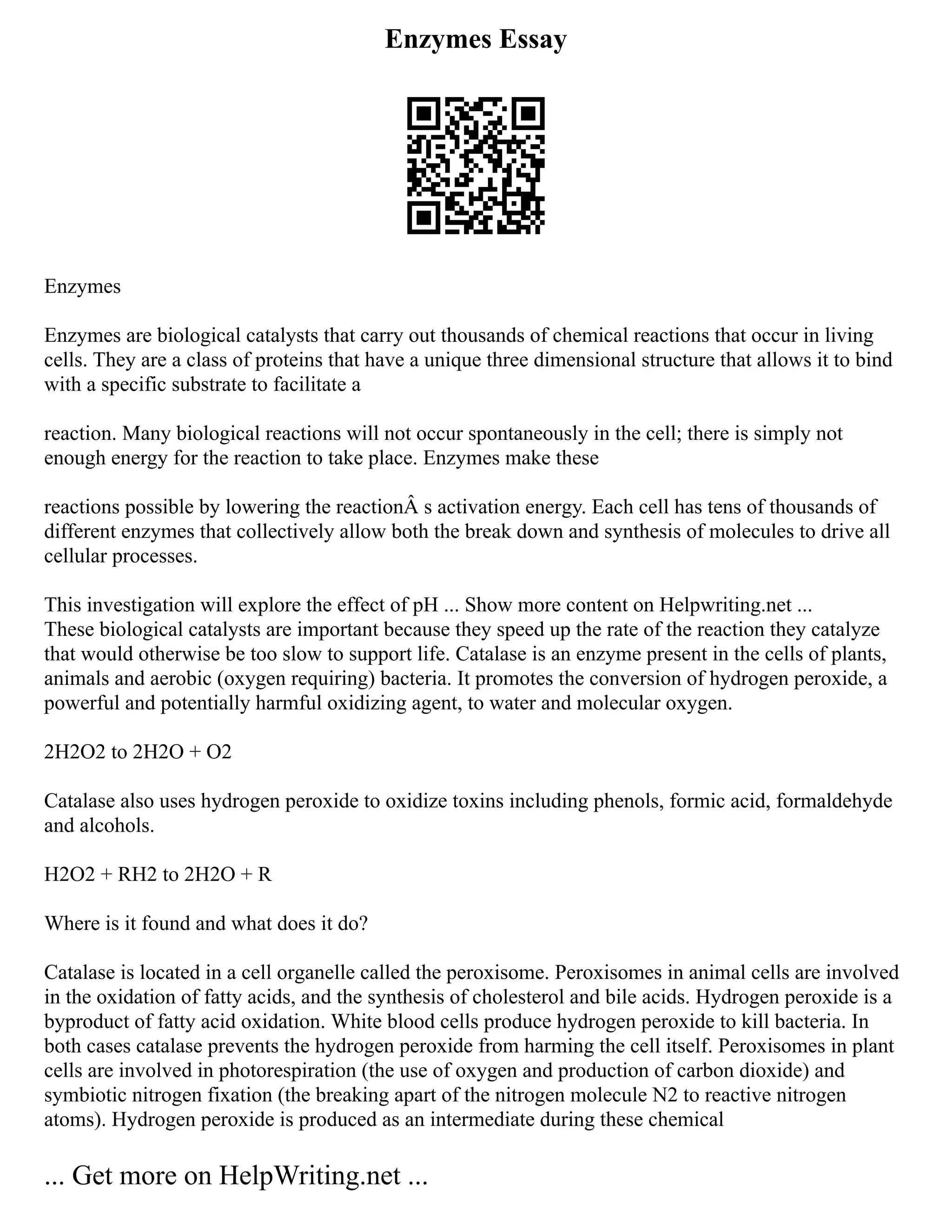 Enzymes Essay
Enzymes
Enzymes are biological catalysts that carry out thousands of chemical reactions that occur in living
cells. They are a class of proteins that have a unique three dimensional structure that allows it to bind
with a specific substrate to facilitate a
reaction. Many biological reactions will not occur spontaneously in the cell; there is simply not
enough energy for the reaction to take place. Enzymes make these
reactions possible by lowering the reactionÂ s activation energy. Each cell has tens of thousands of
different enzymes that collectively allow both the break down and synthesis of molecules to drive all
cellular processes.
This investigation will explore the effect of pH ... Show more content on Helpwriting.net ...
These biological catalysts are important because they speed up the rate of the reaction they catalyze
that would otherwise be too slow to support life. Catalase is an enzyme present in the cells of plants,
animals and aerobic (oxygen requiring) bacteria. It promotes the conversion of hydrogen peroxide, a
powerful and potentially harmful oxidizing agent, to water and molecular oxygen.
2H2O2 to 2H2O + O2
Catalase also uses hydrogen peroxide to oxidize toxins including phenols, formic acid, formaldehyde
and alcohols.
H2O2 + RH2 to 2H2O + R
Where is it found and what does it do?
Catalase is located in a cell organelle called the peroxisome. Peroxisomes in animal cells are involved
in the oxidation of fatty acids, and the synthesis of cholesterol and bile acids. Hydrogen peroxide is a
byproduct of fatty acid oxidation. White blood cells produce hydrogen peroxide to kill bacteria. In
both cases catalase prevents the hydrogen peroxide from harming the cell itself. Peroxisomes in plant
cells are involved in photorespiration (the use of oxygen and production of carbon dioxide) and
symbiotic nitrogen fixation (the breaking apart of the nitrogen molecule N2 to reactive nitrogen
atoms). Hydrogen peroxide is produced as an intermediate during these chemical
... Get more on HelpWriting.net ...
 