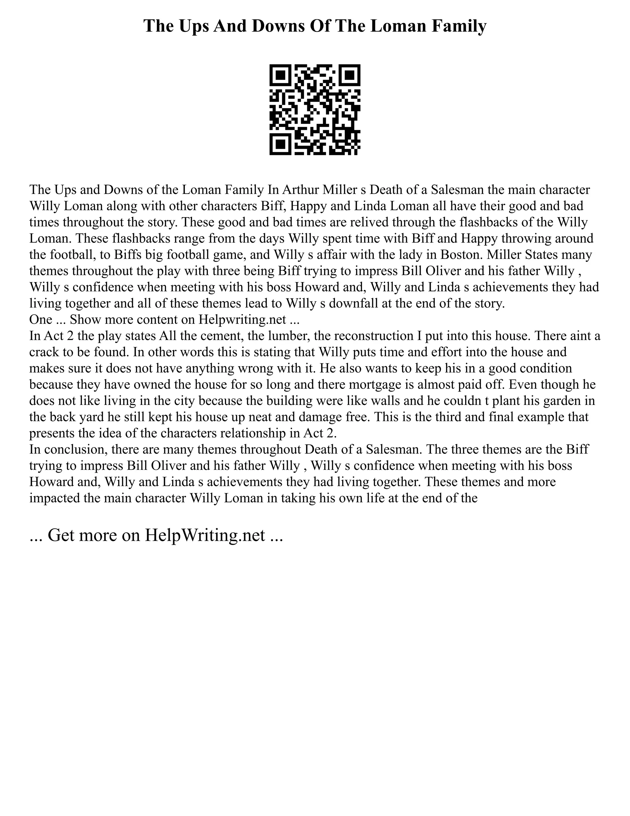 The Ups And Downs Of The Loman Family
The Ups and Downs of the Loman Family In Arthur Miller s Death of a Salesman the main character
Willy Loman along with other characters Biff, Happy and Linda Loman all have their good and bad
times throughout the story. These good and bad times are relived through the flashbacks of the Willy
Loman. These flashbacks range from the days Willy spent time with Biff and Happy throwing around
the football, to Biffs big football game, and Willy s affair with the lady in Boston. Miller States many
themes throughout the play with three being Biff trying to impress Bill Oliver and his father Willy ,
Willy s confidence when meeting with his boss Howard and, Willy and Linda s achievements they had
living together and all of these themes lead to Willy s downfall at the end of the story.
One ... Show more content on Helpwriting.net ...
In Act 2 the play states All the cement, the lumber, the reconstruction I put into this house. There aint a
crack to be found. In other words this is stating that Willy puts time and effort into the house and
makes sure it does not have anything wrong with it. He also wants to keep his in a good condition
because they have owned the house for so long and there mortgage is almost paid off. Even though he
does not like living in the city because the building were like walls and he couldn t plant his garden in
the back yard he still kept his house up neat and damage free. This is the third and final example that
presents the idea of the characters relationship in Act 2.
In conclusion, there are many themes throughout Death of a Salesman. The three themes are the Biff
trying to impress Bill Oliver and his father Willy , Willy s confidence when meeting with his boss
Howard and, Willy and Linda s achievements they had living together. These themes and more
impacted the main character Willy Loman in taking his own life at the end of the
... Get more on HelpWriting.net ...
 
