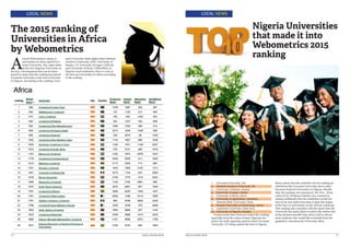 The 2015 ranking of
Universities in Africa
by Webometrics
LOCAL NEWS
A
recent Webometrics rating of
universities in Africa placed Cov-
enant University, Ota, Ogun State
as the first Nigerian University on
the list, a development that can be inter-
preted to mean that the ranking has placed
Covenant University as the best University
in Nigeria. According to the ranking, Cove-
nant University ranks higher than Obafemi
Awolowo University, OAU; University of
Ibadan, UI; University of Lagos, UNILAG
and University of Ilorin, UNILORIN, as
Nigeria’s best institution. Here is a list of
the first 25 Universities in Africa according
to the ranking.
LOCAL NEWS
Nigeria Universities
that made it into
Webometrics 2015
ranking
1.	 Covenant University, Ota
2.	 Obafemi Awolowo University, Ife
3.	 University of Ibadan, Ibadan
4.	 University of Lagos, Akoka
5.	 University of Ilorin, Ilorin
6.	 University of Agriculture, Abeokuta
7.	 Ahmadu Bello University, Zaria
8.	 Federal University of Technology, Akure
9.	 Landmark University, Omu Aran
10.	 University of Nigeria, Nsukka
Controversies have however trailed the ranking
especially from the camp of many Nigerian stu-
dents who hold opposing opinion about Covenant
University, CU being ranked the best in Nigeria.
Many asked what the yardstick was for ranking an
institution like Covenant University above other
foremost Federal Universities in Nigeria. Shortly
after the ranking was announced, the Vice - Chan-
cellor of CU, Professor Charles Ayo, reacted by
stating confidently that the institution would not
rest on its oars until it becomes it joins the league
of the best 10 universities on the African continent.
This ranking also coincides with the report that the
University has made plans to reduce the tuition fees
at the shortest possible time all in a bid to attract
more students who would like to benefit from the
qualitative education the University offers.
4 EDUCATION HUB 5EDUCATION HUB
 