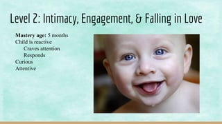Level 2: Intimacy, Engagement, & Falling in Love
Mastery age: 5 months
Child is reactive
Craves attention
Responds
Curious
Attentive
 