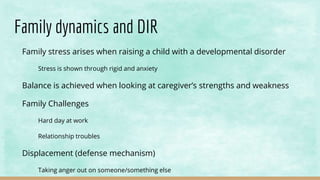 Family dynamics and DIR
Family stress arises when raising a child with a developmental disorder
Stress is shown through rigid and anxiety
Balance is achieved when looking at caregiver’s strengths and weakness
Family Challenges
Hard day at work
Relationship troubles
Displacement (defense mechanism)
Taking anger out on someone/something else
 
