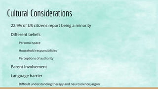 Cultural Considerations
22.9% of US citizens report being a minority
Different beliefs
Personal space
Household responsibilities
Perceptions of authority
Parent Involvement
Language barrier
Difficult understanding therapy and neuroscience jargon
 
