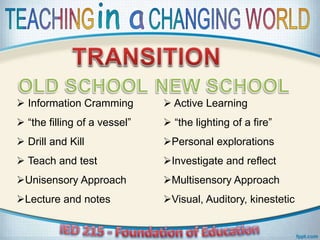  Information Cramming
 “the filling of a vessel”
 Drill and Kill
 Teach and test
Unisensory Approach
Lecture and notes
 Active Learning
 “the lighting of a fire”
Personal explorations
Investigate and reflect
Multisensory Approach
Visual, Auditory, kinestetic
 