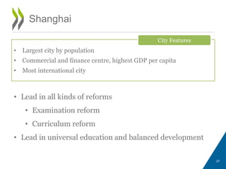 Shanghai
27
• Largest city by population
• Commercial and finance centre, highest GDP per capita
• Most international city
City Features
• Lead in all kinds of reforms
• Examination reform
• Curriculum reform
• Lead in universal education and balanced development
 