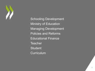Schooling Development
Ministry of Education
Managing Development
Policies and Reforms
Educational Finance
Teacher
Student
Curriculum
7
 