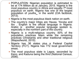  POPULATION: Nigerian population is estimated to
be at 174 Million as at January, 2015. Nigeria is the
most populous country in Africa and equally 7th most
populous on earth. Nigeria has one of the largest
population of youths in the world (CIA factbook,
2013).
 Nigeria is the most populous black nation on earth.
 The country’s major tribes are Hausa, Yoruba and
Ibo . English is the official language in Nigeria.
Arabic is another popular language spoken is,
especially in the northern part of the country.
 Nigeria is a multi-religious country. 50% of the
population practices Islam while the remaining
practices Christianity and other traditional religious
(Mapsofworld, 2015).
 Nigeria has 36 states plus a Federal Capital
Territory (FCT). Nigeria has 772 local government
areas.
 The most populous state is Lagos, seconded by
Kano, and Kaduna being the third (National Census,
2006).
 