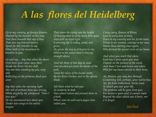 A las flores del Heidelberg
Go to my country, go foreign flowers,
Planted by the traveler on his way,
And there beneath that sky of blue
That over my beloved towers,
Speak for this traveler to say
What faith in his homeland he
breathes to you.
Go and say.... Say that when the dawn
First brew your calyx open there
Beside the River Necker chill,
You saw him standing by you, very
still,
Reflecting on the primrose flush you
wear.
Say that when the morning light
Her toll of perfume from you wrung,
While playfully she whispered, "How I
love you!“
He too murmured here above you
Tender love songs in his native
tongue.
That when the rising sun the height
Of Koenigsthul in early morn first spies,
And with its tepid light
Is pouring life in valley, wood, and
grove,
He greets the sun as it begins to rise,
Which in his native land is blazing
straight above.
And tell them of that day he staid
And plucked you from the border of the
path,
Amid the ruins of the feudal castle,
By the River Neckar, and in the sylvan
shade.
Tell them what he told you
As tenderly he took
Your pliant leaves and pressed them in
a book,
Where now its well-worn pages close
enfold you.
Carry, carry, flowers of Rhine,
Love to every love of mine,
Peace to my country and her fertile loam,
Virtue to her women, courage to her men,
Salute those darling ones again,
Who formed the sacred circle of our home.
And when you reach that shore,
Each kiss I press upon you now,
Deposit on the pinions of the wind,
And those I love and honor and adore
Will feel my kisses carried to their brow.
Ah, flowers, you may fare through,
Conserving still, perhaps, your native hue;
Yet, far from Fatherland, heroic loam
To which you owe your life,
The perfume will be gone from you;
For aroma is your soul; it cannot roam
Beyond the skies which saw it born, nor
e'er forget.
Jose Rizal
 