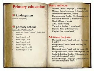 Primary education
kindergarten
(one or two years)
primary school
(are called "Dimotiko“)
• Years are called "classes", from first
to sixth:
• Year 1: age 6 to 7
• Year 2: age 7 to 8
• Year 3: age 8 to 9
• Year 4: age 9 to 10
• Year 5: age 10 to 11
• Year 6: age 11 to 12
Basic subjects:
• Modern Greek Language (1 hour/day)
• Modern Greek Literature (6 hours/week)
• Mathematics (5 hours/week)
• Environmental Studies (2–4 hours/week)
• Physical Education (4 hours/week)
• Music (2 hours/week)
• Art (2 hours/week)
• Theatrical Studies (1 hour/week)
• Flexible Zone (3 hours/week)
• English (2–4 hours/week)
Additional Subjects:
• Physics (2 hours/week and only for years
5 and 6)
• Geography (2 hours/week and only for
years 5 and 6)
• History (2 hours/week and for years 3-6)
• Religion (2 hours/week and for years 3-6)
• Social & Political Studies (2 hours/week
and only for years 5 and 6)
• Second Foreign Language (2 hours/week
and only for years 5 and 6)
 