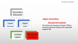 Secondary
Education
Lower
Gymnasio
Upper
Lykeio
Unified
Lykeio
Vocational
Institute
Upper secondary
Vocational Institute
The Technical-Vocational "lykeio" (EPAL)
combines general subjects with specialist
subjects like:
12th Gymnasium of Peristeri
 