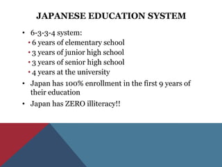 JAPANESE EDUCATION SYSTEM
• 6-3-3-4 system:
  • 6 years of elementary school
  • 3 years of junior high school
  • 3 years of senior high school
  • 4 years at the university
• Japan has 100% enrollment in the first 9 years of
  their education
• Japan has ZERO illiteracy!!
 