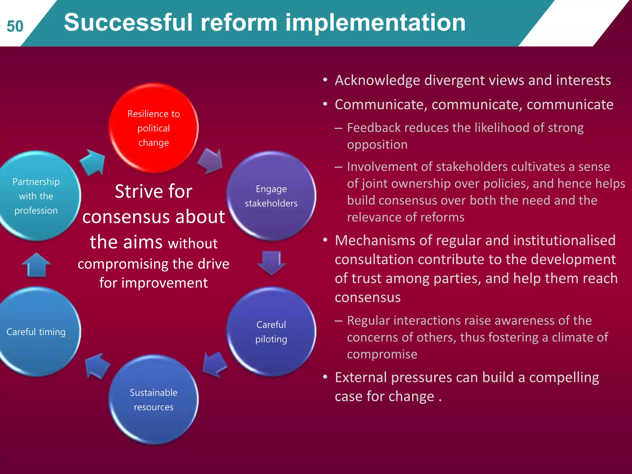 Resilience to
political
change
Engage
stakeholders
Careful
piloting
Sustainable
resources
Careful timing
Partnership
with the
profession
• Acknowledge divergent views and interests
• Communicate, communicate, communicate
– Feedback reduces the likelihood of strong
opposition
– Involvement of stakeholders cultivates a sense
of joint ownership over policies, and hence helps
build consensus over both the need and the
relevance of reforms
• Mechanisms of regular and institutionalised
consultation contribute to the development
of trust among parties, and help them reach
consensus
– Regular interactions raise awareness of the
concerns of others, thus fostering a climate of
compromise
• External pressures can build a compelling
case for change .
50 Successful reform implementation
Strive for
consensus about
the aims without
compromising the drive
for improvement
 