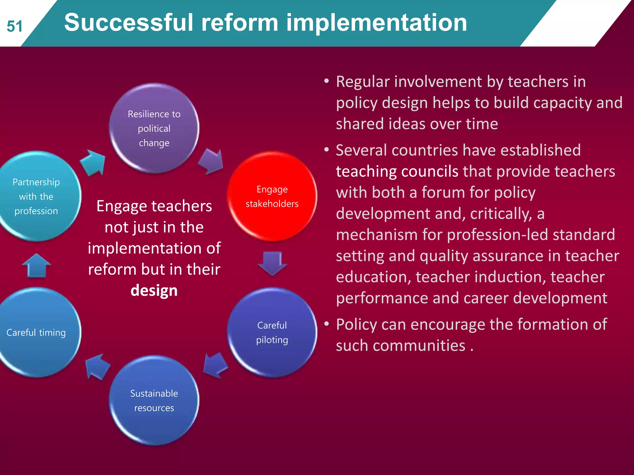 Resilience to
political
change
Engage
stakeholders
Careful
piloting
Sustainable
resources
Careful timing
Partnership
with the
profession
• Regular involvement by teachers in
policy design helps to build capacity and
shared ideas over time
• Several countries have established
teaching councils that provide teachers
with both a forum for policy
development and, critically, a
mechanism for profession-led standard
setting and quality assurance in teacher
education, teacher induction, teacher
performance and career development
• Policy can encourage the formation of
such communities .
51 Successful reform implementation
Engage teachers
not just in the
implementation of
reform but in their
design
 