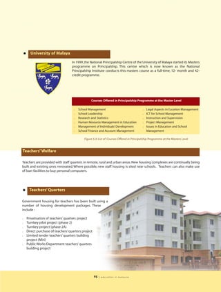•     University of Malaya

                                   In 1999, the National Principalship Centre of the University of Malaya started its Masters
                                   programme on Principalship. This centre which is now known as the National
                                   Principalship Institute conducts this masters course as a full-time, 12- month and 42-
                                   credit programme.




                                                Courses Offered in Principalship Programme at the Master Level

                                    l   School Management                                l   Legal Aspects in Eucation Management
                                    l   School Leadership                                l   ICT for School Management
                                    l   Research and Statistics                          l   Instruction and Supervision
                                    l   Human Resource Management in Education           l   Project Management
                                    l   Management of Individuals’ Development           l   Issues in Education and School
                                    l   School Finance and Account Management                Management

                                           Figure 5.3: List of Courses Offered in Principalship Programme at the Masters Level


Teachers' Welfare

Teachers are provided with staff quarters in remote, rural and urban areas. New housing complexes are continually being
built and existing ones renovated. Where possible, new staff housing is sited near schools. Teachers can also make use
of loan facilities to buy personal computers.




•    Teachers’ Quarters

Government housing for teachers has been built using a
number of housing development packages. These
include :

l   Privatisation of teachers’ quarters project
l   Turnkey pilot project (phase 2)
l   Turnkey project (phase 2A)
l   Direct purchase of teachers’ quarters project
l   Limited tender teachers’ quarters building
    project (Miri)
l   Public Works Department teachers’ quarters
    building project




                                                    95   | education in malaysia
 