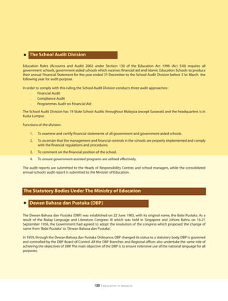 •   The School Audit Division

Education Rules (Accounts and Audit) 2002 under Section 130 of the Education Act 1996 (Act 550) requires all
government schools, government-aided schools which receives financial aid and Islamic Education Schools to produce
their annual Financial Statement for the year ended 31 December to the School Audit Division before 31st March the
following year for audit purpose.

In order to comply with this ruling, the School Audit Division conducts three audit approaches:-
     l    Financial Audit
     l    Compliance Audit
     l    Programmes Audit on Financial Aid

The School Audit Division has 19 State School Audits throughout Malaysia (except Sarawak) and the headquarters is in
Kuala Lumpur.

Functions of the division:

    1.    To examine and certify financial statements of all government and government-aided schools.
    2.    To ascertain that the management and financial controls in the schools are properly implemented and comply
          with the financial regulations and procedures.
    3.    To comment on the financial position of the school.
    4.    To ensure government-assisted programs are utilised effectively.

The audit reports are submitted to the Heads of Responsibility Centres and school managers, while the consolidated
annual schools’ audit report is submitted to the Minister of Education.




The Statutory Bodies Under The Ministry of Education

• Dewan Bahasa dan Pustaka (DBP)
The Dewan Bahasa dan Pustaka (DBP) was established on 22 June 1965, with its original name, the Balai Pustaka. As a
result of the Malay Language and Literature Congress III which was held in Singapore and Johore Bahru on 16-21
September 1956, the Government had agreed to adopt the resolution of the congress which proposed the change of
name from 'Balai Pustaka' to 'Dewan Bahasa dan Pustaka'.

In 1959, through the Dewan Bahasa dan Pustaka Ordinance, DBP changed its status to a statutory body. DBP is governed
and controlled by the DBP Board of Control. All the DBP Branches and Regional offices also undertake the same role of
achieving the objectives of DBP. The main objective of the DBP is to ensure extensive use of the national language for all
purposes.




                                               120   | education in malaysia
 