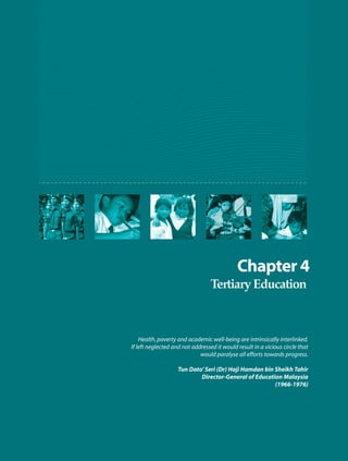 Health, poverty and academic well-being are intrinsically interlinked.
If left neglected and not addressed it would result in a vicious circle that
                             would paralyse all efforts towards progress.

                    Tun Dato’ Seri (Dr) Haji Hamdan bin Sheikh Tahir
                            Director-General of Education Malaysia
                                                        (1966-1976)
 
