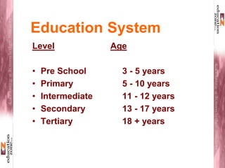 Education System
Level Age
• Pre School 3 - 5 years
• Primary 5 - 10 years
• Intermediate 11 - 12 years
• Secondary 13 - 17 years
• Tertiary 18 + years
 