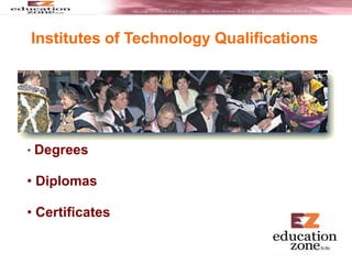 Institutes of Technology Qualifications
• Degrees
• Diplomas
• Certificates
 